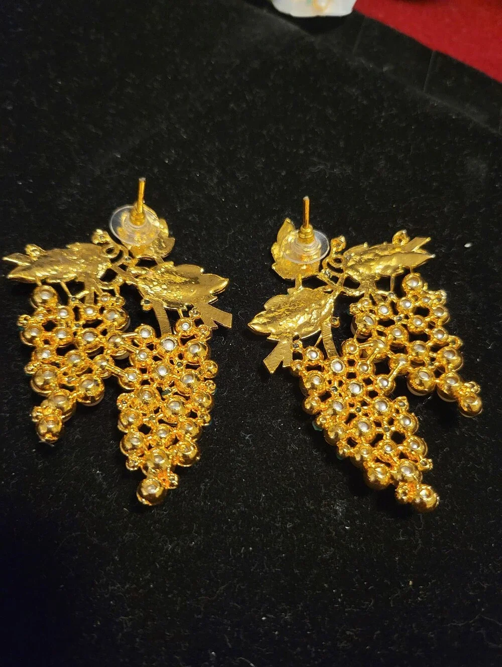 Pearl Cluster Grape Drop Earrings with Green Enamel Leaves